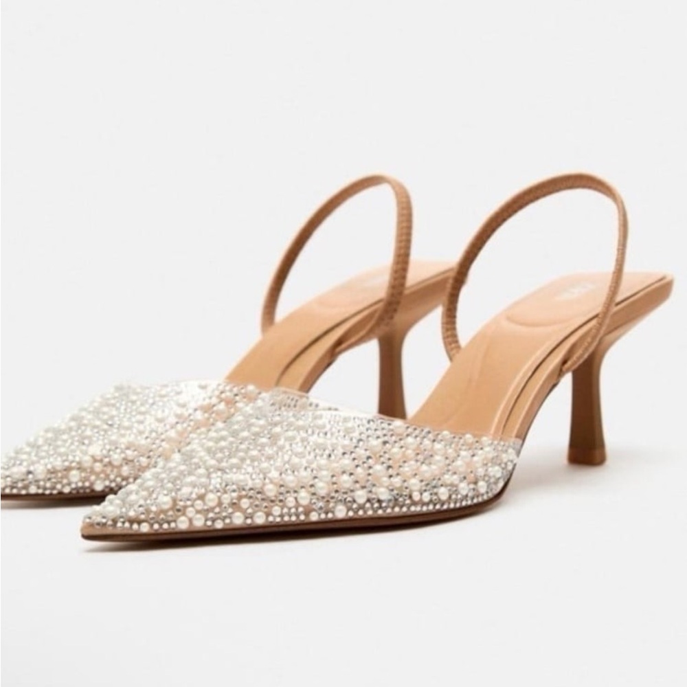 Zara Pearl Pointed Toe Slingback Heels